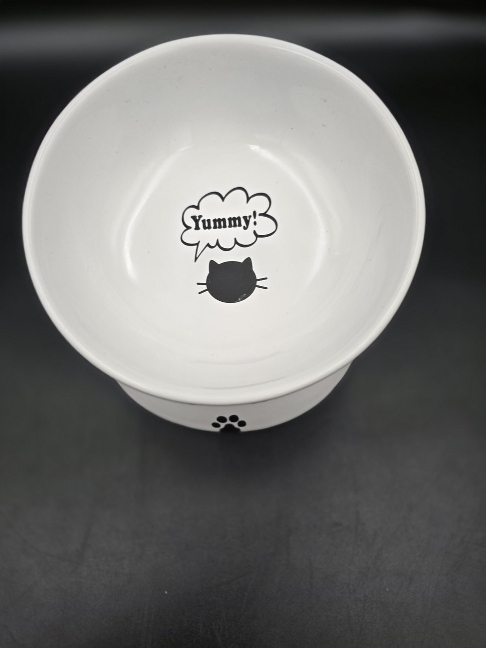Ceramic Cat Food Bowl - White with 'Yummy!' Design